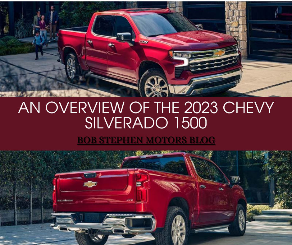 A graphic with 2 photos of a red Chevy Silverado and the text: An Overview of the 2023 Chevy Silverado 1500