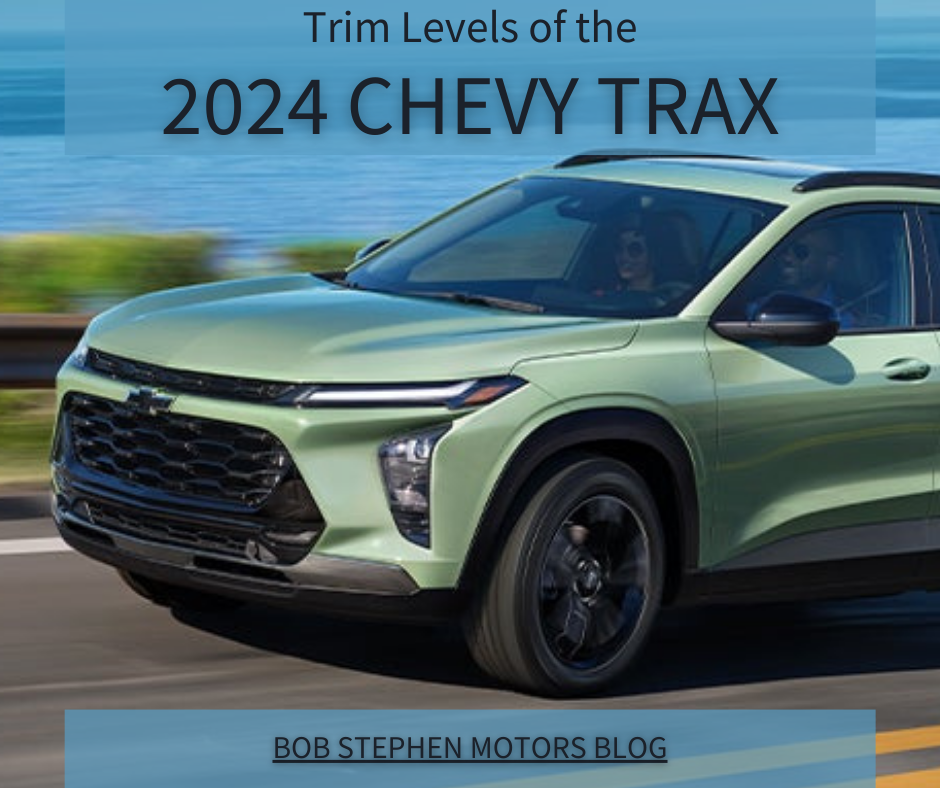 A photo of a green 2024 Chevy Trax driving by a body of water and the text:Trim Levels of the 2024 Chevy Trax