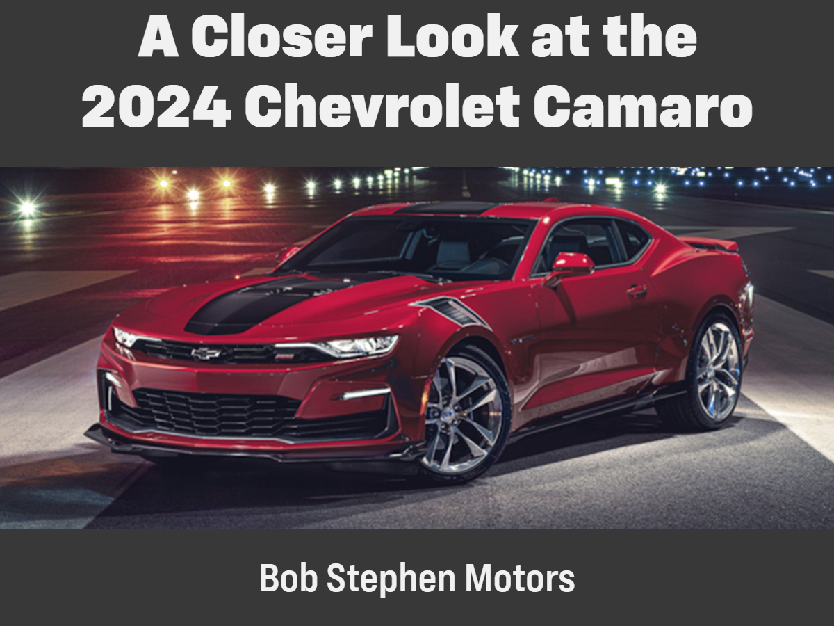 A graphic containing a photo of a red Camaro and the text: A Closer Look at the 2024 Chevrolet Camaro