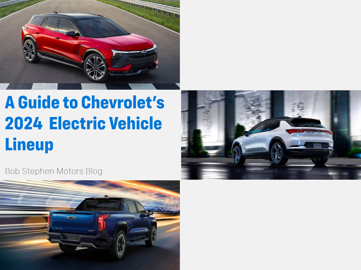 A graphic containing photos of the 3 electric Chevy models and the text: A Guide to Chevrolet's 2024 Electric Vehicle Lineup
